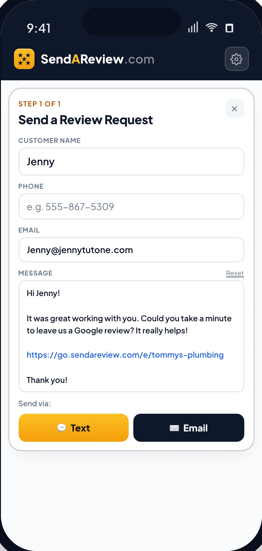 The free Send A Review app on a phone, sending a review request by text or email